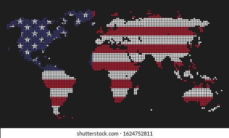 Dotted World Map Illustration Made Of USA Flag Colors As Concept For United States Global Dominance. Power And Leadership Symbol. Politics, Military And Economic Influence.