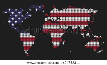 Dotted world map illustration made of USA flag colors as concept for United States global dominance. Power and leadership symbol. Politics, military and economic influence.