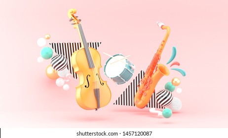 Double bass, drum, saxophone surrounded by colorful balls on a pink background.-3d rendering.
 - Powered by Shutterstock