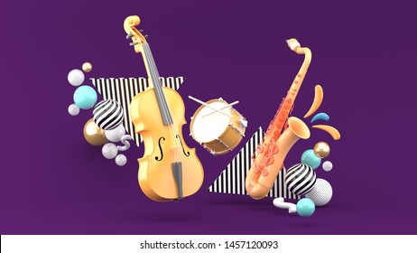 Double bass, drum, saxophone surrounded by colorful balls on a purple background.-3d rendering.
 - Powered by Shutterstock