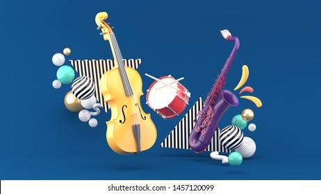 Double bass, drum, saxophone surrounded by colorful balls on a blue background.-3d rendering.
 - Powered by Shutterstock