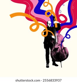 Double bass with swirls of sound Double bass player is surrounded by multicolored swirling ribbons against light background. Jazz and classical music. Creative art collage. Concept of music, festival - Powered by Shutterstock