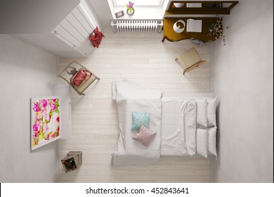 Double Bed In Hotel Room From Above (3D Rendering)