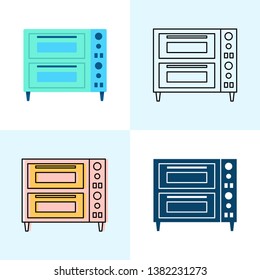 Double Deck Pizza Oven Icon Set In Flat And Line Styles. Professional Restaurant Equipment Symbols. 