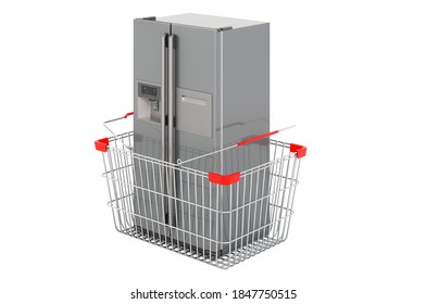 Double Door Fridge Inside Shopping Basket, 3D Rendering Isolated On White Background