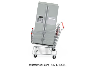 Double Door Fridge Inside Shopping Cart, 3D Rendering Isolated On White Background