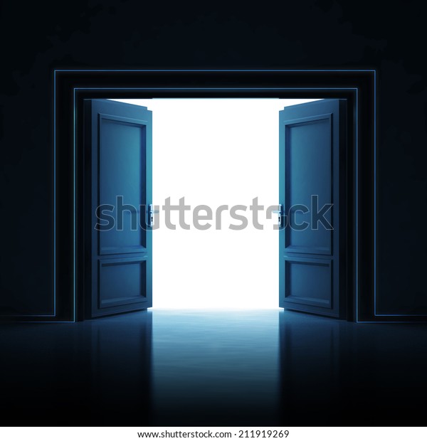 double\
door opened in dark to light room 3D\
illustration