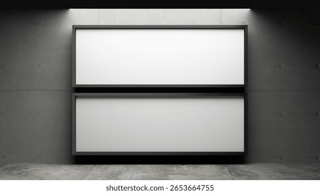 Double Empty Frame Banner Size 1x3 meter on the Grey Wall Indoor Natural Lighting Minimalist Industrial Urban Baliho Photo Advertising	