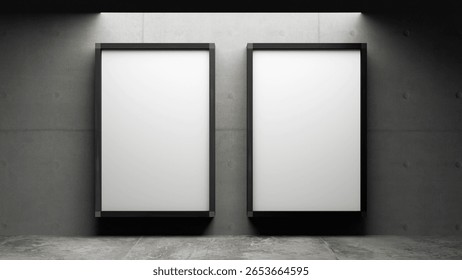 Double Empty Portrait Frame Banner Size 3x2 meter on the Grey Wall Indoor Natural Lighting Minimalist Industrial Urban Baliho Photo Advertising	