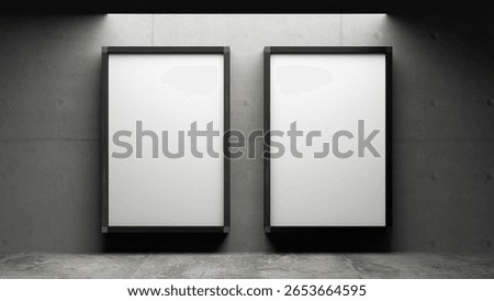 Double Empty Portrait Frame Banner Size 3x2 meter on the Grey Wall Indoor Natural Lighting Minimalist Industrial Urban Baliho Photo Advertising	