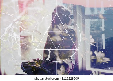 Double exposure collage with sacred geometry style line art illustration with triangles and golden ratio digits , young beautiful woman in meditation and overlaying images of nature and flowers.