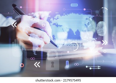 Double exposure of hands making notes with world map hologram and data theme icons. Concept of international network data.