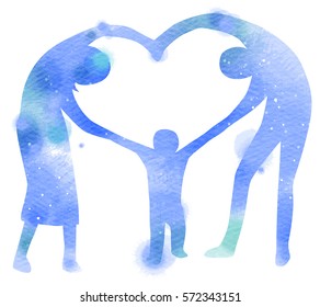 Double Exposure Illustration. Happy Family Making The Heart Sign Silhouette Plus Abstract Water Color Painted. Digital Art Painting.