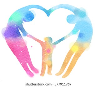 Double Exposure Illustration. Happy Family Making The Heart Sign Silhouette Plus Abstract Water Color Painted. Digital Art Painting.