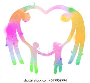 Double Exposure Illustration. Happy Family Making The Heart Sign Silhouette Plus Abstract Water Color Painted. Digital Art Painting.