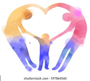 Double Exposure Illustration. Happy Family Making The Heart Sign Silhouette Plus Abstract Water Color Painted. Digital Art Painting.