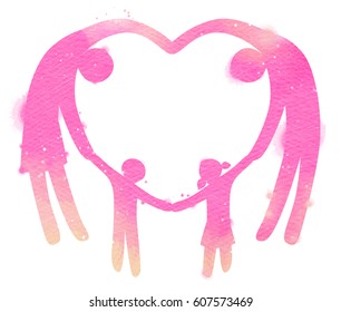 Double Exposure Illustration. Happy Family Making The Heart Sign Silhouette Plus Abstract Water Color Painted. Digital Art Painting.