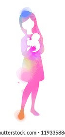 Double Exposure Illustration. Side View Of Happy Mom Holding Adorable Child Baby Silhouette Plus Abstract Water Color Painted. Mother's Day. Digital Art Painting.