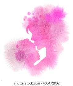 Double Exposure Illustration. Side View Of Mother And Baby Silhouette Plus Abstract Water Color Painted. Digital Art Painting.