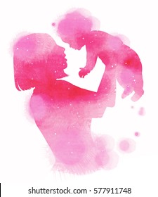 Double Exposure Illustration. Side View Of Happy Mom Holding Adorable Child Girl Silhouette Plus Abstract Water Color Painted. Mother's Day. Mom And Baby Health. Digital Art Painting.