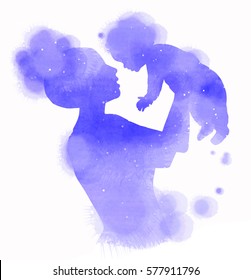 Double Exposure Illustration. Side View Of Happy Mother Holding Adorable Child Girl Silhouette Plus Abstract Water Color Painted. Mother's Day. Mom And Baby Health. Digital Art Painting.