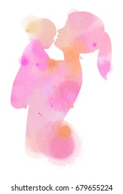 Double Exposure Illustration. Side View Of Mother Holding Adorable Child Baby  Silhouette Plus Abstract Water Color Painted. Mother's Day. Mom And Child Health. Digital Art Painting.