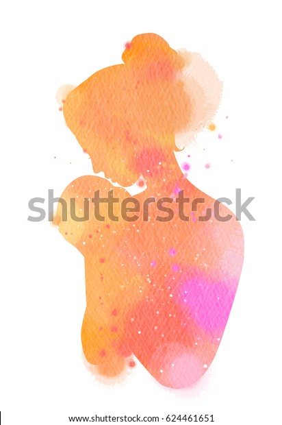 2重露出のイラスト かわいい幼い女の子のシルエットと抽象的な水彩を描いた 幸せな母親の側面 母子健康 デジタルアートの絵 のイラスト素材