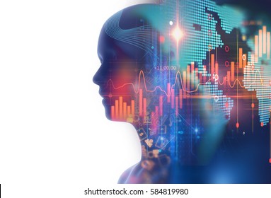 double exposure image of financial graph and virtual human 3dillustration  on business technology  background represent algorithmic trading process.