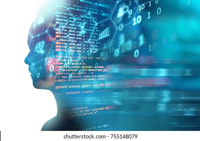 Double Exposure Image Of Virtual Human 3dillustration On Programming And Learning Technology  Background Represent Learning Process.

