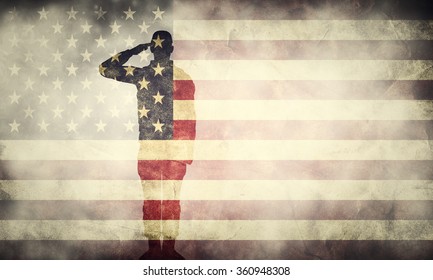 Double Exposure Of Saluting Soldier On USA Grunge Flag. Vintage, Retro Style. Patriotic Design