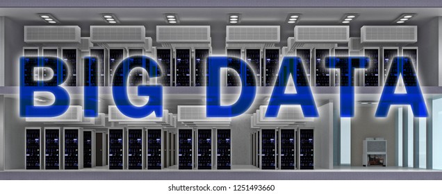 double exposure text big data in building data center with floors in section. 3d rendering