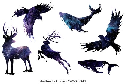 Double Exposure Watercolor Animal Silhouettes And Outer Space. Deer, Whale And Birds With Ink Effect