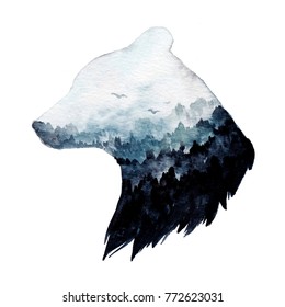 Double Exposure Watercolor Painting. Hand Drawn Animal Portrait. Perfect For T-shirt Designs, Posters, Stickers, Notebooks And Other. Bear And Forest.