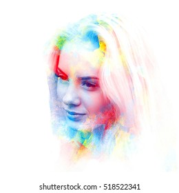 Double Exposure Of A Young Beautiful Girl. Painted Portrait Of A Female Face. Multi-colored Picture Isolated On White Background. Female Sad Look. Abstract Woman Face. Watercolor Illustration.