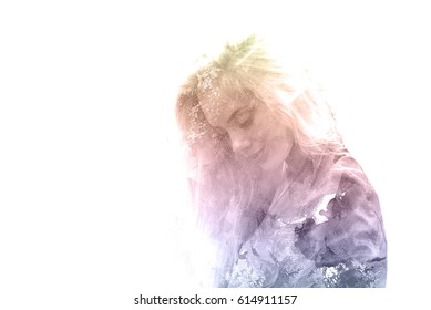 Double Exposure Of A Young Beautiful Girl. Painted Portrait Of A Female Face. Multi-colored Picture Isolated On White Background. Female Sad Look. Abstract Woman Face. Watercolor Illustration.