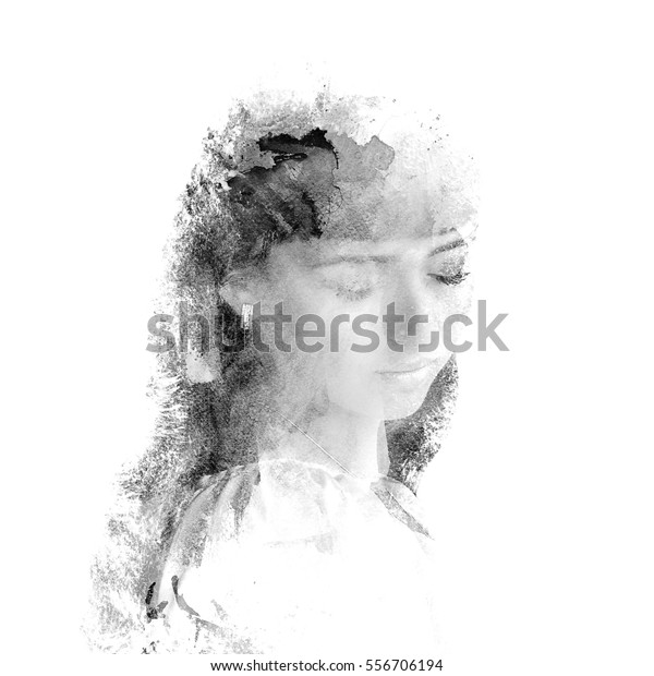 若い美しい女の子を二重に見せる 白い背景に女性の顔を描く 白黒の画像 女の悲しい顔 抽象的な女性の顔 水彩イラスト のイラスト素材