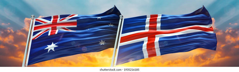 Double Flag Australia  and Iceland flag waving flag with texture background- 3D illustration - 3D render
