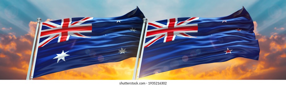 Double Flag Australia  And New Zealand Flag Waving Flag With Texture Background- 3D Illustration - 3D Render