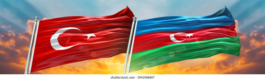 Double Flag Azerbaijan And Turkey Flag Waving Flag With Texture Background- 3D Illustration - 3D Render