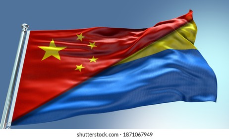 Double Flag China Vs Ukraine  Waving Flag  With Texture Floating In The Sky - 3D Illustration - 3D Render