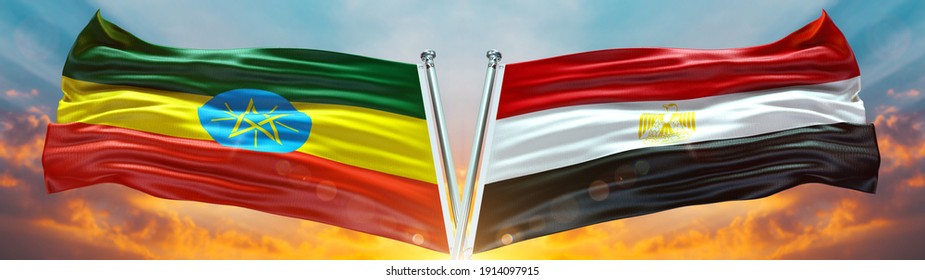 Double Flag Egypt And Ethiopia Flag Waving Flag With Texture Background- 3D Illustration - 3D Render