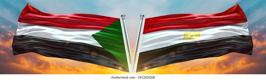 Double Flag Egypt And Sudan Flag Waving Flag With Texture Background- 3D Illustration - 3D Render