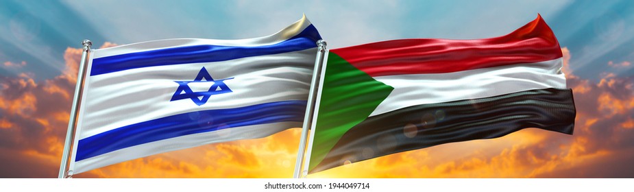 Double Flag Sudan And Israel Flag Waving Flag With Texture Background- 3D Illustration - 3D Render