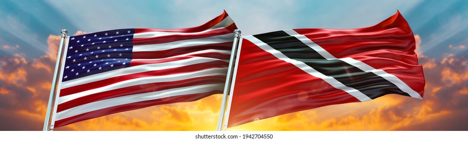Double Flag Trinidad and Tobago and United States of America flag waving flag with texture background - 3D illustration - 3D render