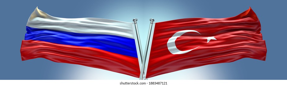 Double Flag Turkey Vs Russia Flag Waving Flag With Texture Background- 3D Illustration - 3D Render 