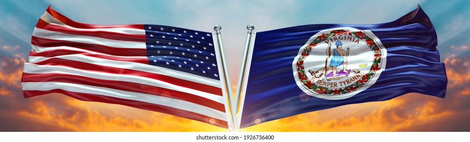 Double Flag United States of America and Virginia flag USA State flag waving flag with texture background- 3D illustration - 3D render