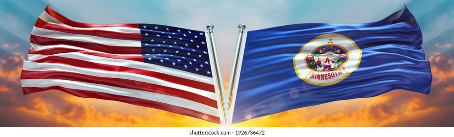 Double Flag United States of America and Minnesota flag USA State flag waving flag with texture background- 3D illustration - 3D render