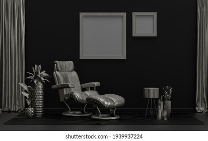 Double Frames Gallery Wall In Black And Metallic Silver Color Monochrome Flat Room With Furnitures And Plants, 3d Rendering, Poster Mockup Room