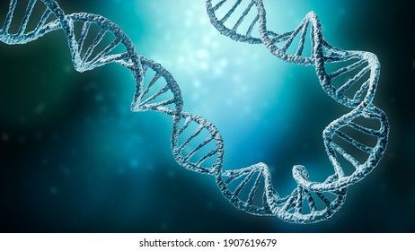 Double Helix DNA Strands On A Blue Background With Copy Space 3D Rendering Illustration. Genetics, Science, Genome, Medicine, Biology Concepts.