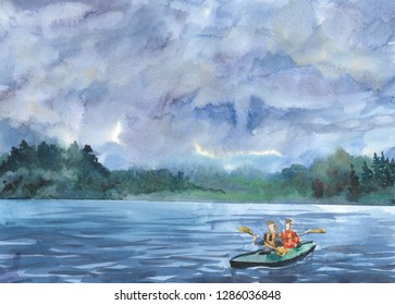 Double Kayak On The Water, Painted In Watercolor